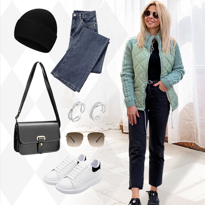 Stickad Patchwork Puffig Jacka för Kvinnor