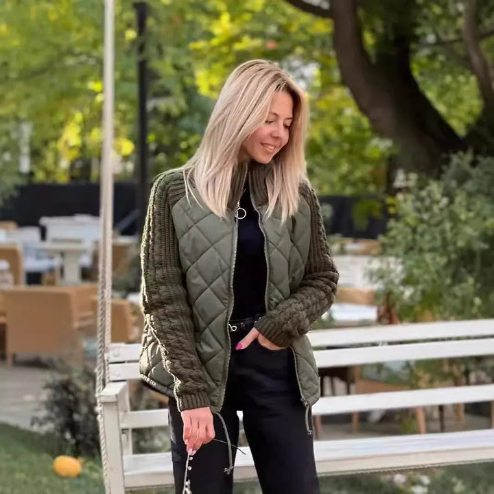 Stickad Patchwork Puffig Jacka för Kvinnor